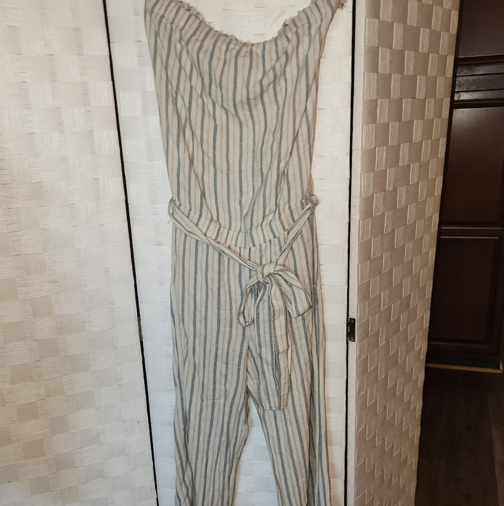 Cloth & Stone Anthropolgie Linen Blend Striped Jumpsuit in Cream and Blue Sz S - Picture 6 of 6